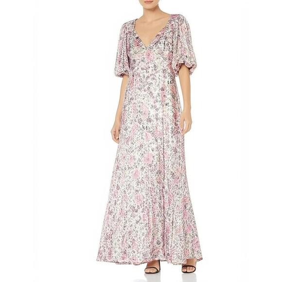 BCBGMAXAZRIA Maxi Dress 10 Floral V-Neck Puff Sleeve Silk